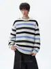 Suéter Rayado de Cuello Redondo con Bloques de Color Retro Americano para Hombre Otoño Tendencia Marca Texturizado Perezoso Casual Tejido Top