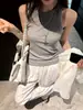 Regata de algodão canelado com gola redonda para mulheres, estilo coreano, nova, cor sólida simples, alças largas nos ombros, disfarça as gordurinhas laterais, top sem mangas
