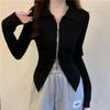 Diseño Plisado Doble Cremallera Camisa Slim-fit para Mujer Otoño Nuevo Hombro Corto Top Único Reductor de Edad