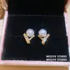 Oro Roto Brilla~Pendientes Redondos de Perla de Circonita, Exquisitos Pendientes de Botón Estilo Francés, Pendientes de Diseño Nicho para Mujeres