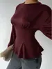 Moda europeia e americana transfronteiriça, top plissado justo de manga comprida, novo estilo, disponível na Amazon e em sites independentes, camiseta de gola alta para outono/inverno, roupas femininas