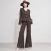 Conjunto Plisado con Volantes Miyake para Mujer Top Transfronterizo de Cuello V Pantalones de Cintura Alta Cola de Pez Microacampanados Conjunto Relajado de Dos Piezas