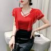 2025 Verano Nuevo Estilo Malla Moda Cuello Redondo Industria Pesada Volantes Camiseta Hot Drilling Joker Manga Corta Top Ropa de Mujer