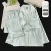 Conjunto de pijama de dos piezas para niña, simple y elegante, de jacquard de seda helada, manga larga, con almohadillas en el pecho, cómodo