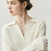Camisa polo de cashmere estilo Old Money com gola com entalhe, gola V feminina outono/inverno francês, corte relaxado, suéter de tricô grosso, suéter base de lã