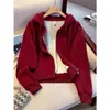 Moletom curto vinho para mulheres, forrado com fleece, grosso, com capuz, com zíper, super estiloso, para baixinhas, jaqueta cardigã estilo americano para primavera