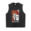 Camiseta vintage desgastada con estampado de anime, corte holgado, talla grande, top de manga corta con estampado de anime hip-hop urbano