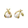 Pendientes Pequeños Luo Chen de Venta Caliente Transfronteriza, Incrustación Cruzada de Perlas Artificiales, Simples, Modernos, Exquisitos, Versátiles Pendientes de Botón para Mujer