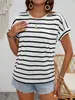 Amazon Aliexpress Nueva Camiseta de Manga Corta a Rayas Transfronteriza Europea y Americana para Mujer Cuello Redondo Holgada Casual de Verano Top Versátil