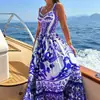 2026 Comercio Exterior Transfronterizo Europeo Ropa de Mujer Otoño Nuevo Estilo Vacaciones Falda Larga Casual Playa Estampado Vestido de Tirantes Finos