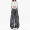 Pantalones cargo casuales de algodón puro con bordado floral tridimensional estilo vintage y múltiples bolsillos