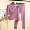 Outono e Inverno tamanho Plus Plus Adubo Roupa Térmica conjunto Veludo Dupla Face Gola Semi-Alta Manga Longa Calça Slim-Fit