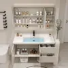 Combinación de mueble de baño con lavabo cerámico integrado color crema, mueble de lavabo de madera maciza para baño, tocador