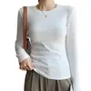 Camiseta Blanca de Algodón Puro con Canalé para Mujer 2026 Nueva Cuello Redondo Manga Larga Corte Ajustado Camiseta Interior Estilo Primavera/Otoño Chic