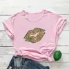 Sitio Web Independiente de Comercio Exterior Europeo y Americano Camiseta Nueva de Verano para Mujer Estampado de Leopardo Labios y Trébol de Cuatro Hojas Camiseta de Manga Corta