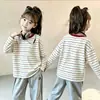 Camiseta de Manga Larga de Algodón Puro para Niñas 2026, Nueva Camiseta Rayada de Bloques de Color de Manga Larga para Primavera y Otoño, Estilosa para Niños Mayores