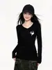 Camiseta de Manga Larga Cálida Negra de Nuevo Estilo Otoño-Invierno para Mujer, Hombro Normal, Cuello en V, Capa Interior, Ropa Exterior, Top Adelgazante Favorecedor, Camiseta Base
