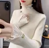 Suéter con Cuello de Encaje para Mujer 2025 Otoño e Invierno Nuevo Estilo Chic Falso Dos Piezas Mangas de Campana con Top Base Ajustado