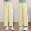 Calça pantalona floral de toque fresco feita sob medida para mulheres, novo estilo de verão, cintura elástica, versátil, com caimento fluido, casual, cropped de perna reta