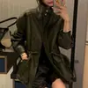 Chaqueta de trabajo de cuero PU de alta gama vintage con cuello alto y múltiples bolsillos para mujer de Dongdaemun, Corea