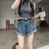 Shorts de Mezclilla de Cintura Alta para Mujer, Nuevo Estilo de Verano, Tallas Grandes, Corte Holgado, Adelgazante, Dobladillo Enrollado, Corte A, Pantalones Cortos Ajustados de Pierna Ancha