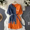 Vestido Color Block Manga Curta Feminino Plus Size 2026, Vestido de Malha para Férias Solto e Emagrecimento, Único e Não Produzido em Massa