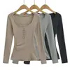 8694-26 Otoño Retro Moda Tendencia Versátil Diseño de Chica Popular Manga Larga Camiseta Top Color Sólido Mujer Tendencia ins