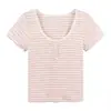 Camiseta de Manga Corta Rayada Estilo Americano Hombro Normal para Mujer, Nueva Camisa Base Bloque de Color de Verano 2025, Top Corto de Moda
