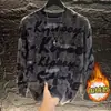 Sudadera de Estilo Coreano de Alta Gama con Estampado de Letras, Rasgada, Lentejuelas, Cuello Redondo, Popular para Otoño e Invierno, Camiseta de Manga Larga para Base, Ropa de Hombre de Moda