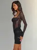 Vestido de Malla de Encaje Cuadrado Europeo y Americano para Mujer Manga Larga Transparente Hueso de Pescado Fruncido Ajustado al Cuerpo Ceñido a la Cadera Falda Corta de Chica Caliente para Discoteca