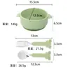 Tazón de alimentación para bebé de silicona de grado alimenticio con doble asa, diseño antiquemaduras y ventosa integrada para la autoalimentación infantil.