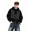 BLANKLN Moletom com Capuz Bordado em Corda de Tribunal Retro Rebite Corte Solto Casual Jaqueta Cardigan com Zíper Cruzado Tendência