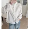 Camisa bordada com gola de renda estilo francês para mulheres, blusa branca com manga floral, novo top de outono, camisa com gola alta e manga de renda