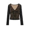 Top de encaje con lazo Pure Spice Girl para mujer 2025ins Sentido del diseño Cuello en V Manga larga Ajustado Transparente Camiseta ajustada