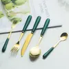 Al por mayor personalizado Creativo Escandinavo Cerámica Acero Inoxidable Cuchillo y Tenedor Cuchara de Café Verde Oscuro Tenedor de Frutas Tenedor y Cuchillo para Bistec Cuchara