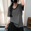 Camiseta feminina listrada retrô estilo japonês casual coreano verão 2025, manga curta, solta, slim, para viagem, combinando com tudo, camiseta de algodão feminina