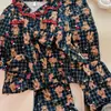 Pijama de Niña con Encaje, Cuadros y Oso Marrón, Conjunto de Cardigan de Manga Larga y Pantalones para Primavera y Otoño, Ropa para Dormitorio Estudiantil y Hogar