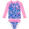 Conjunto de traje de baño de dos piezas para niñas, traje de baño de manga larga con diseño de escamas de pez, adecuado para niños mayores, traje de baño para protección solar en la playa con alta elasticidad Escamas de pez