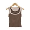 Verão Contraste Cor Spice Girl Sexy Camadas Falso Duas Peças Alça Oco Malha Colete Feminino Slim-fit Top Curto em