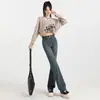 Jeans Retro Azules Elásticos de Cintura Alta Pierna Ancha para Mujer, Estilo Nuevo, Adelgazantes, Pantalones Rectos Estrechos