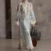 En Stock 2026 Retro Francés Cuello en V Estampado Mangas Abullonadas Diseño Ceñido a la Cintura Estilo Bohemio Vestido de Vacaciones
