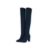 Botas over-the-knee versáteis antiderrapantes plus size para mulheres, botas longas de bico fino para outono e inverno, salto ultraalto, leves, de calçar, salto grosso, camurça