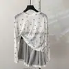 2026 Blusa Sencilla de Color Sólido con Estampado de Moño Camiseta de Manga Larga con Protección Solar para Mujer Top Holgado de Cuello Redondo Gris Verano