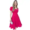 Verano 2024 nuevo europeo y americano Amazon transfronterizo mujer color liso cuello cuadrado manga abullonada viento suave dulce vestido