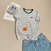 Camiseta de algodón ligera a rayas con copo de nieve y bordado de poni, de corte holgado para verano, adelgazante, top juvenil de cuello redondo para mujer