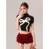 Camiseta Corta de Punto para Mujer, Manga Corta, Cuello Mock, Estilo Dulce y Picante Americano, con Lazo y Muñeca Joven, para Primavera Verano