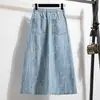 Foto Real da Saia Jeans Elegante de Cintura Alta Plissada Estilo Coreano Tendência Primavera e Verão Longa Acima do Joelho para Mulheres Algodão