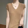 Elegante Chaleco de Punto con Cuello en V, Mangas Cortas tipo Casquillo y Plisados para Mujer, Top de Capa Interior de Manga Corta Pullover para Verano, Camiseta Gris