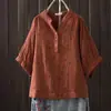 Camisa de Manga Corta con Mangas Murciélago Florales, Doble Capa de Gasa de Algodón, Cuello en V Fresco, Estilo Japonés, para Mujer, Top Casual Retro Artístico
