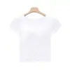 Top Feminino Justo de Manga Curta em Modal com Bojo e Camiseta Básica com Rosca por Dentro e por Fora, Estilo Curto